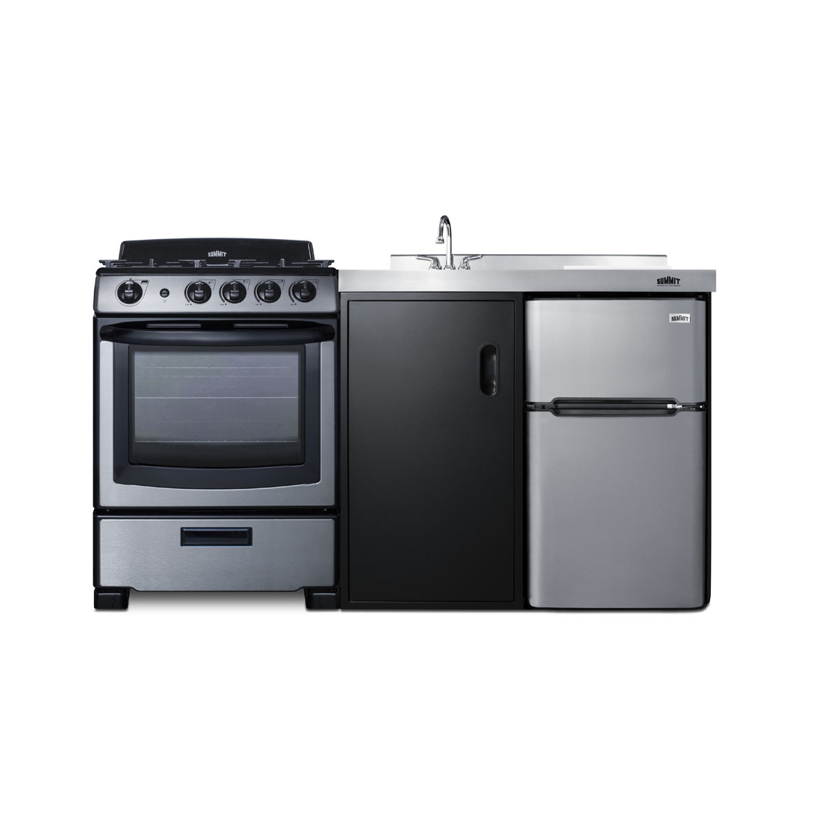 63 inch wide all-in-one kitchenette with full-sized sealed burner gas range with oven, compact refrigerator-freezer, sink, cutting board and cutlery storage, and a storage cabinet in a black finish